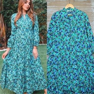 Zara Deep Sea Floral Tiered Maxi Dress Boho Preppy Womens S